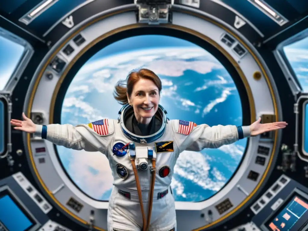 Helen Sharman flotando en la estación espacial, rodeada de equipamiento científico, con la Tierra de fondo