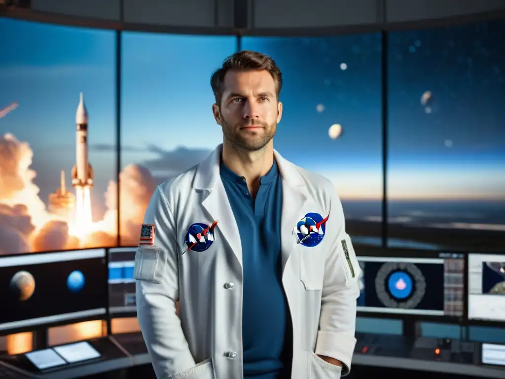 Hito histórico: Maxime Faget ante cohete en NASA Maxime Faget en misión espacial, símbolo de historia en la exploración del espacio