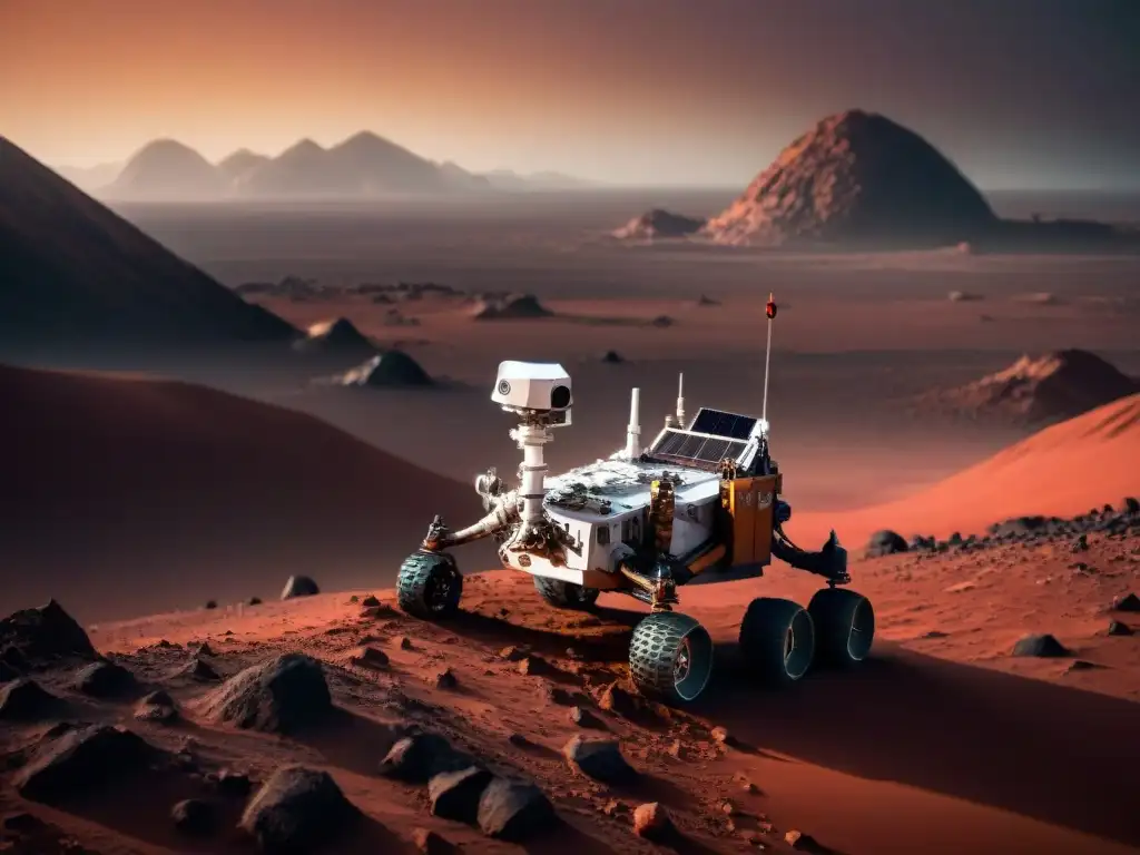 Exploración marciana: rover en paisaje rocoso bajo cielo rojizo Misión espacial con rover en Marte explorando terreno rocoso bajo cielo rojizo y polvo en el aire