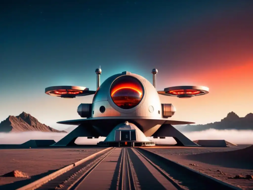 Estación espacial totalitaria en un planeta desolado, con luces de búsqueda y naves