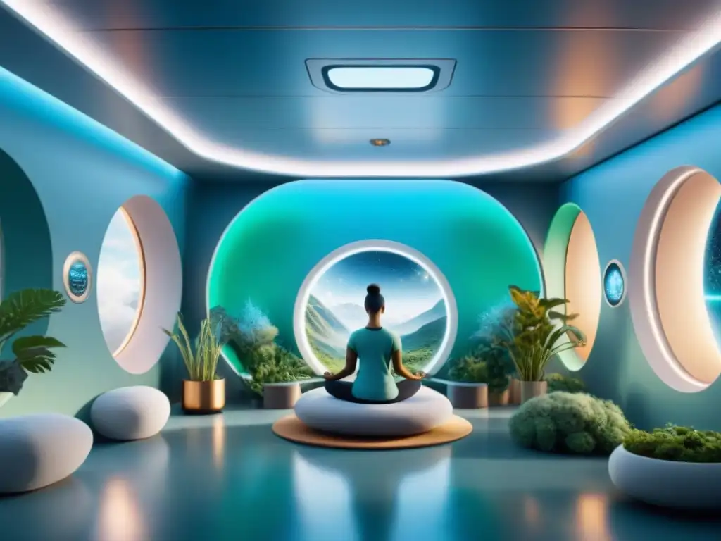 Estación espacial futurista para bienestar mental en la colonización del espacio Un espacio futurista para la salud mental en el espacio con astronautas practicando mindfulness y relajación