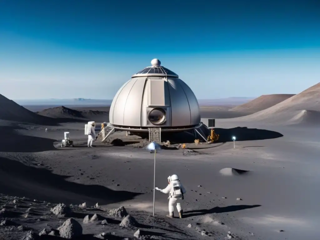 Estación de comunicación en el Espacio Profundo en la luna, científicos realizando experimentos con la Tierra de fondo