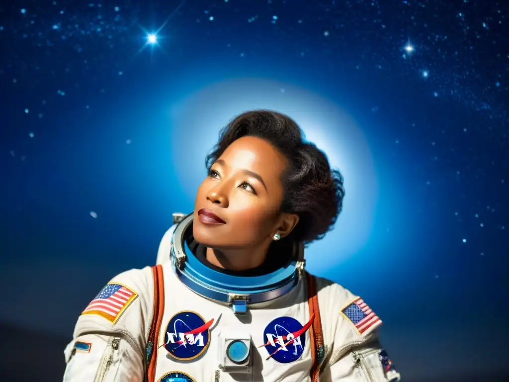 Mae Jemison flotando en el espacio, rodeada de estrellas y galaxias, refleja la belleza de la exploración del universo y diversidad