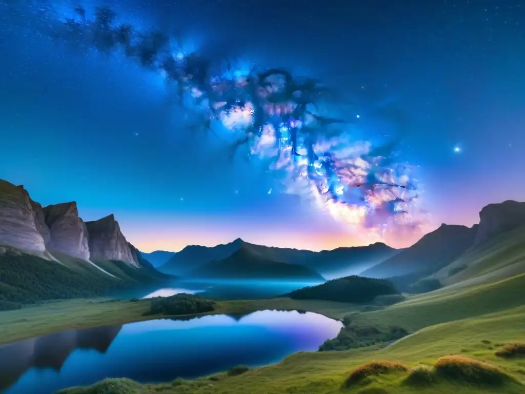 Espectacular vista de la Vía Láctea sobre paisaje nocturno Espectacular fotografía astronómica de la Vía Láctea sobre un paisaje sereno y estrellado