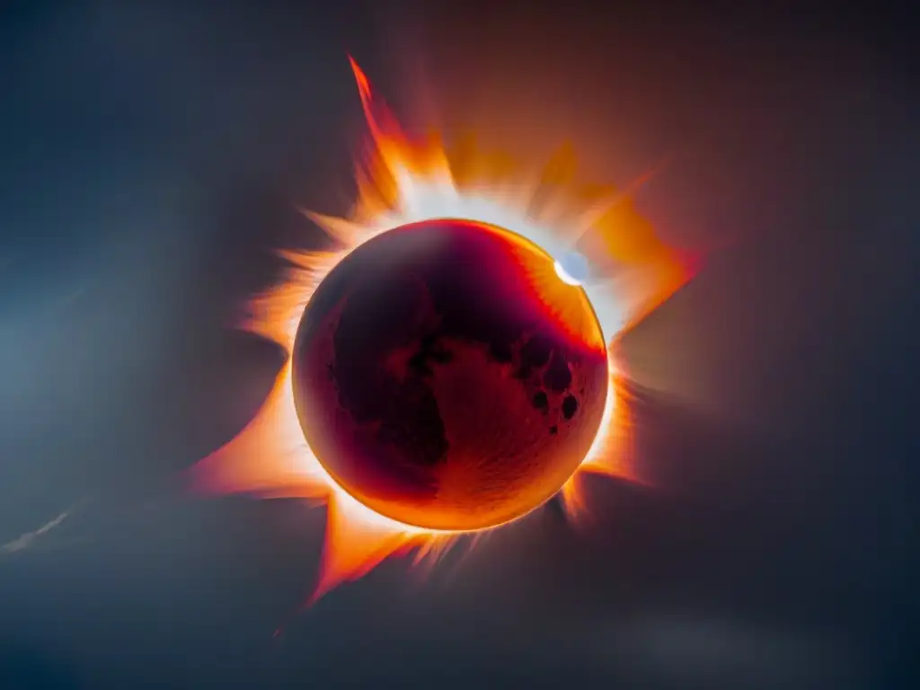 Espectacular eclipse solar desde gran altitud, con corona solar detallada en rojos y naranjas, ideal para 'Libros para observar eclipses celestes'