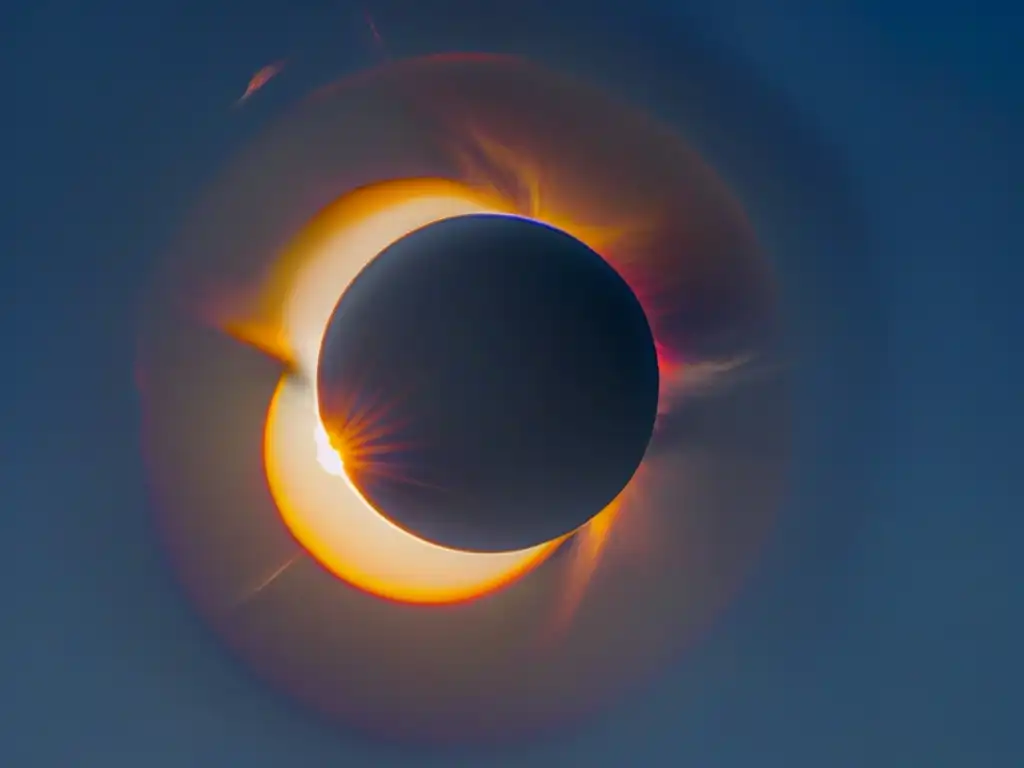 Un espectacular eclipse solar total con la corona resplandeciente visible en detalle, en medio de un cielo índigo