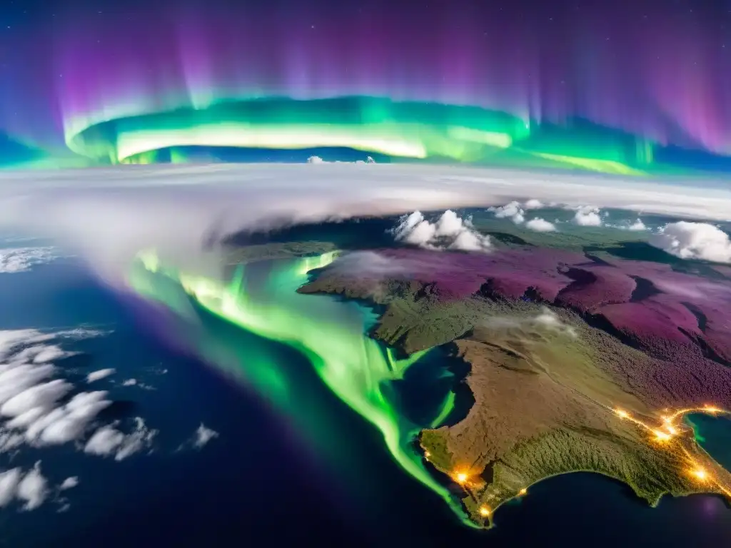 Espectacular aurora boreal desde el espacio, resaltando la impredecible naturaleza del clima espacial en misiones cruciales