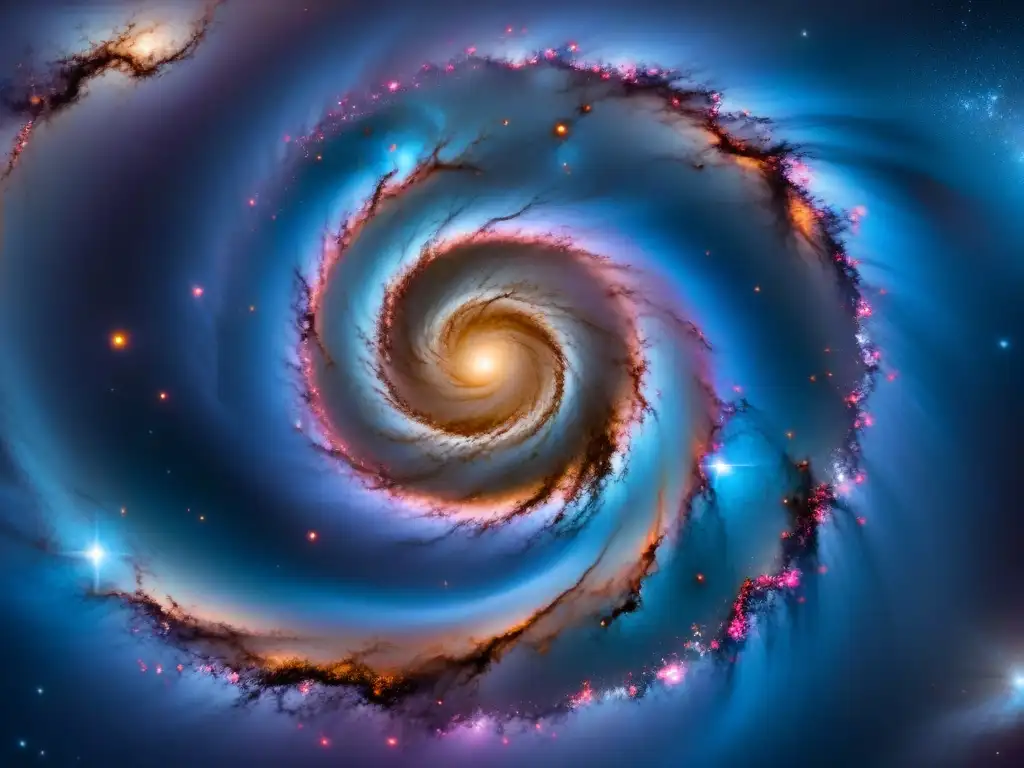 Espectacular galaxia espiral con colores vibrantes y detallados, evocando el principio antrópico del universo en toda su medida