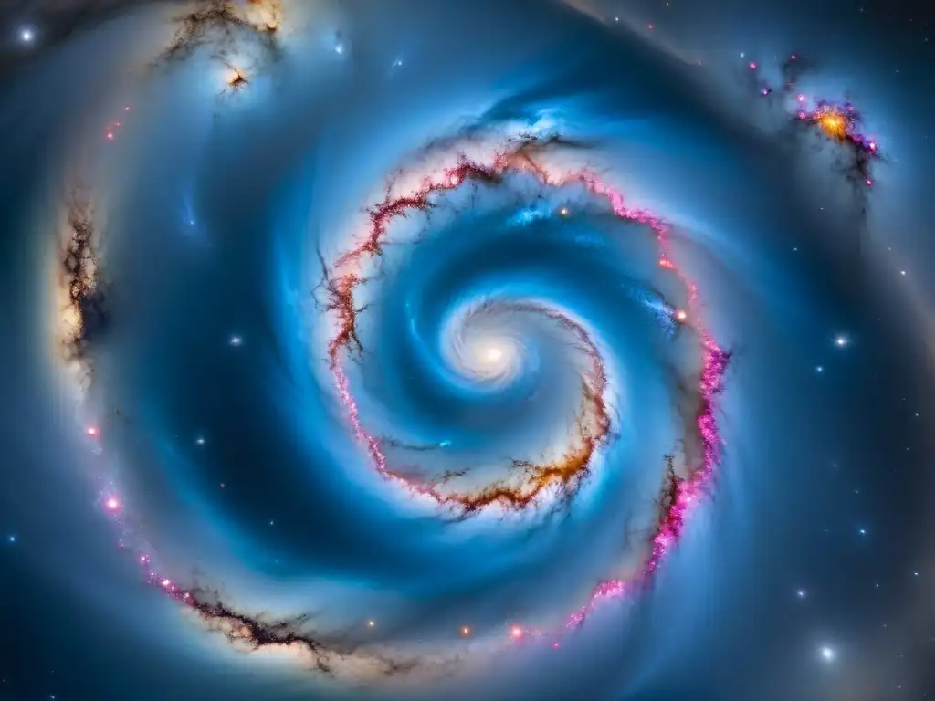 Espectacular galaxia espiral captada por el telescopio Hubble, con exposiciones sobre misterios del cosmos en azules, rosas y blancos brillantes