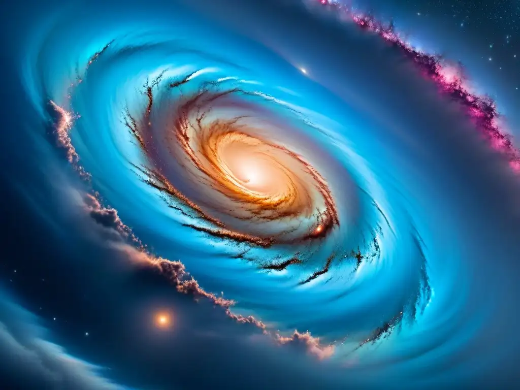 Espectacular galaxia con tonos azules, rosas y dorados, y nave espacial solitaria