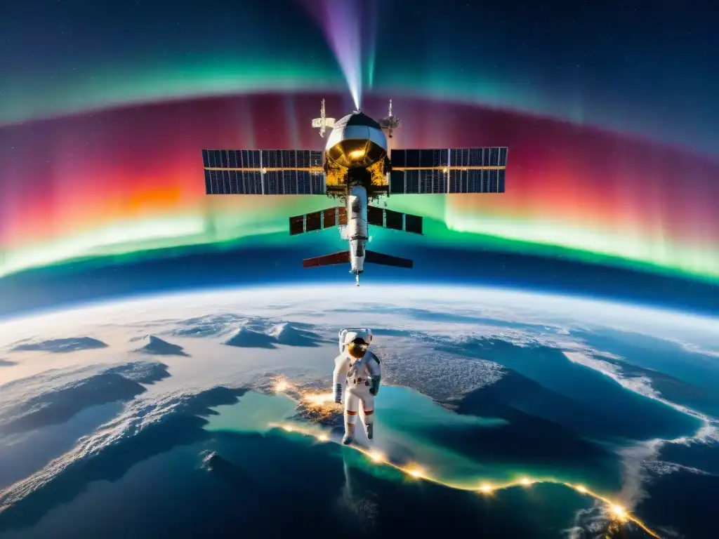 Espectacular imagen de la icónica Estación Espacial Mir en el espacio, con astronautas en caminata y la aurora boreal de fondo