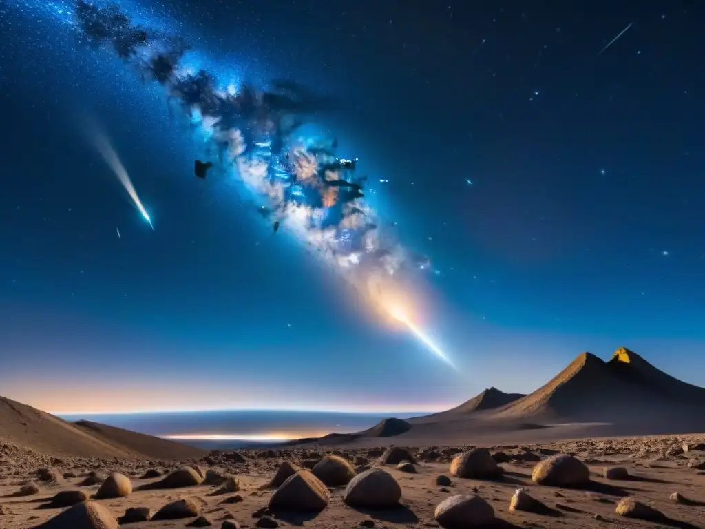 Espectacular imagen estelar de un cometa brillante surcando el cielo nocturno, rodeado de asteroides