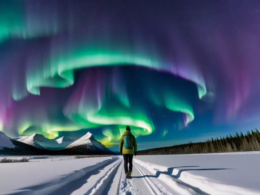 Espectacular aurora boreal en noche estrellada sobre paisaje nevado