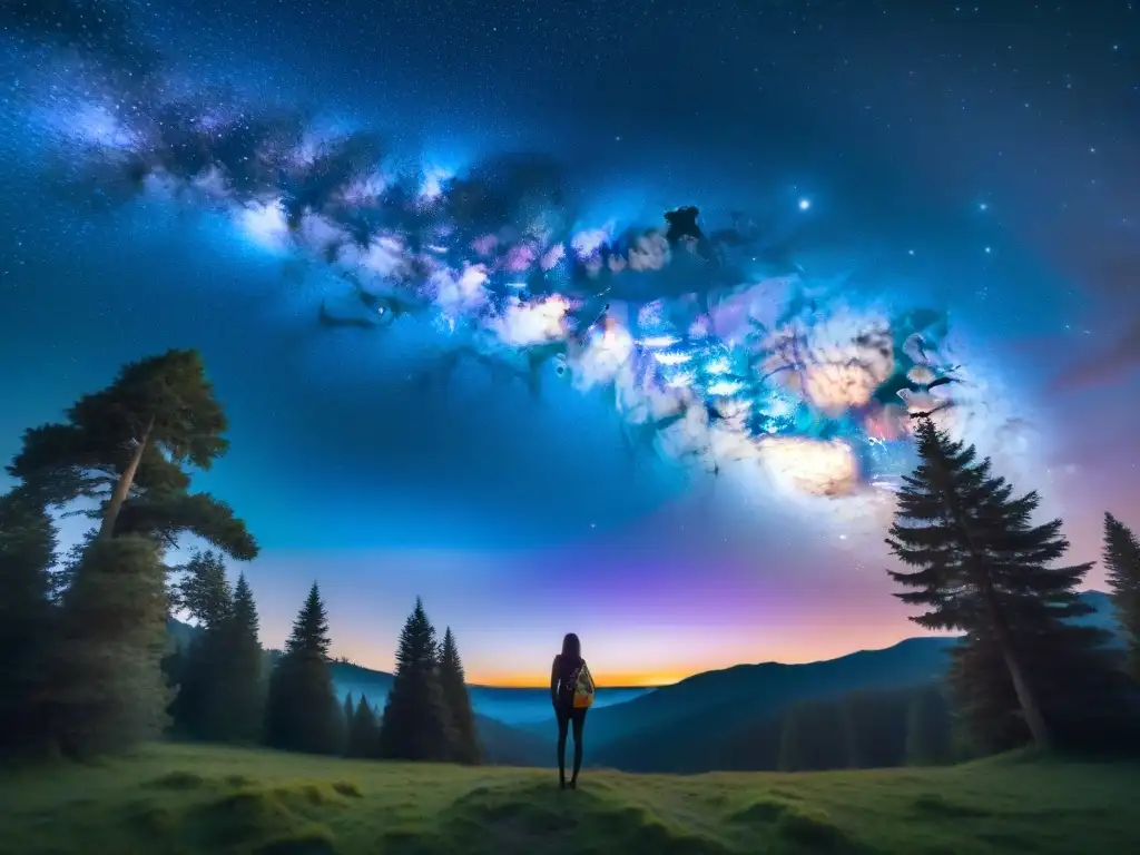 Galaxia de la Vía Láctea: detalle ultradetallado y vibrante Una espectacular vista de la Vía Láctea en todo su esplendor, con tonos vibrantes y detalles estelares, enmarcada por siluetas de árboles iconicos