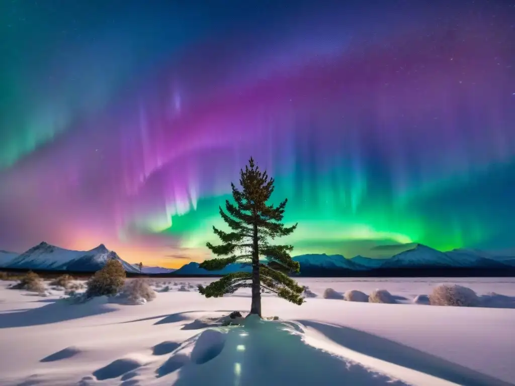 Espectaculares auroras boreales fenómeno luminoso natural iluminan el cielo nocturno sobre un paisaje nevado con un solitario pino en primer plano