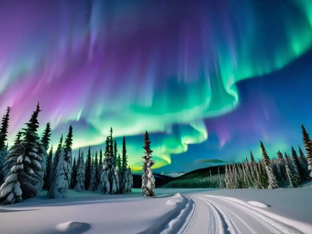 Un espectáculo de auroras boreales bailando sobre un bosque nevado