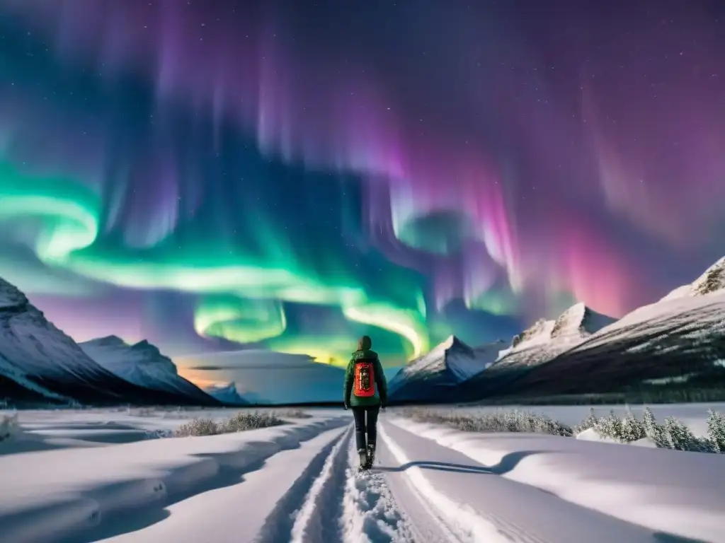 Un espectáculo mágico de la Aurora Boreal en la noche estrellada sobre un paisaje nevado