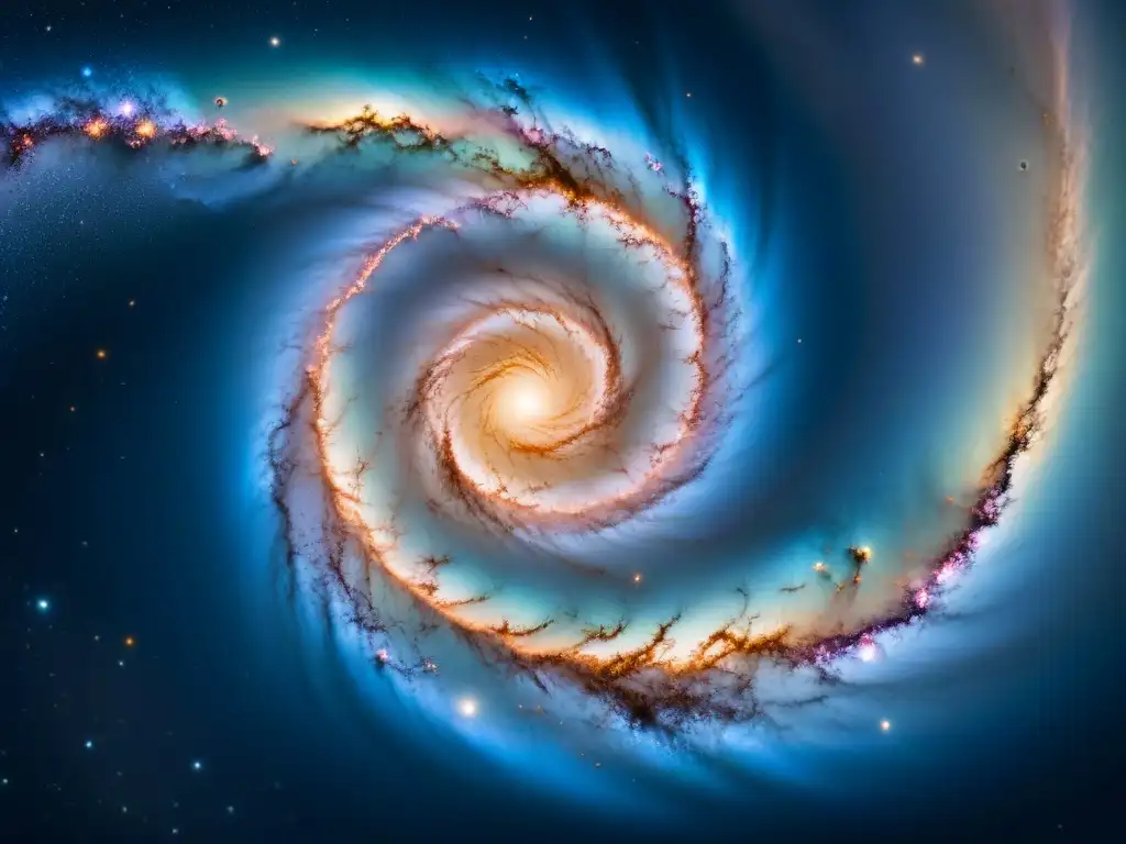 Galaxia espiral brillante con brazos llenos de estrellas y polvo cósmico, su núcleo irradia energía y misterio