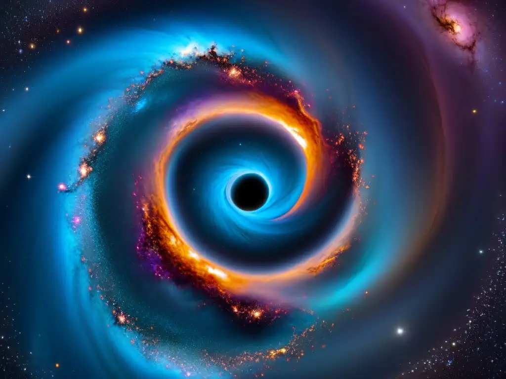 Galaxia espiral con nebulosas y agujero negro central, origen vida cosmos cosmología ciencia