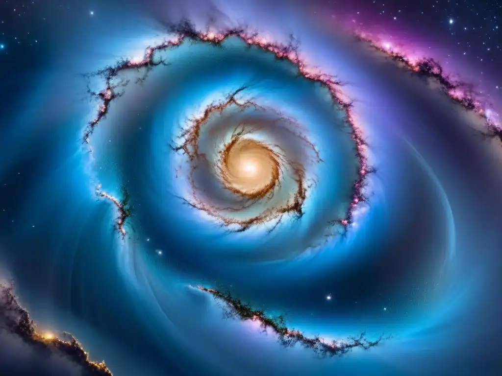 Galaxia en espiral con tonos azules, púrpuras y rosados, estrellas y nebulosas danzan en el cosmos