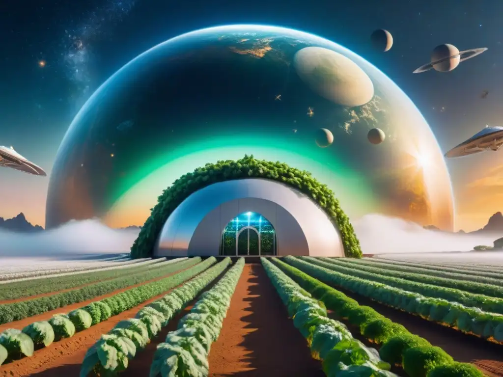 Una estación espacial compleja orbita un planeta lejano, con jardines hidropónicos avanzados en enormes domos transparentes