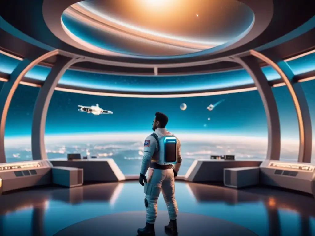 Una estación espacial futurista con actividad y vistas al cosmos, ideal para personalizar apps de experiencia espacial