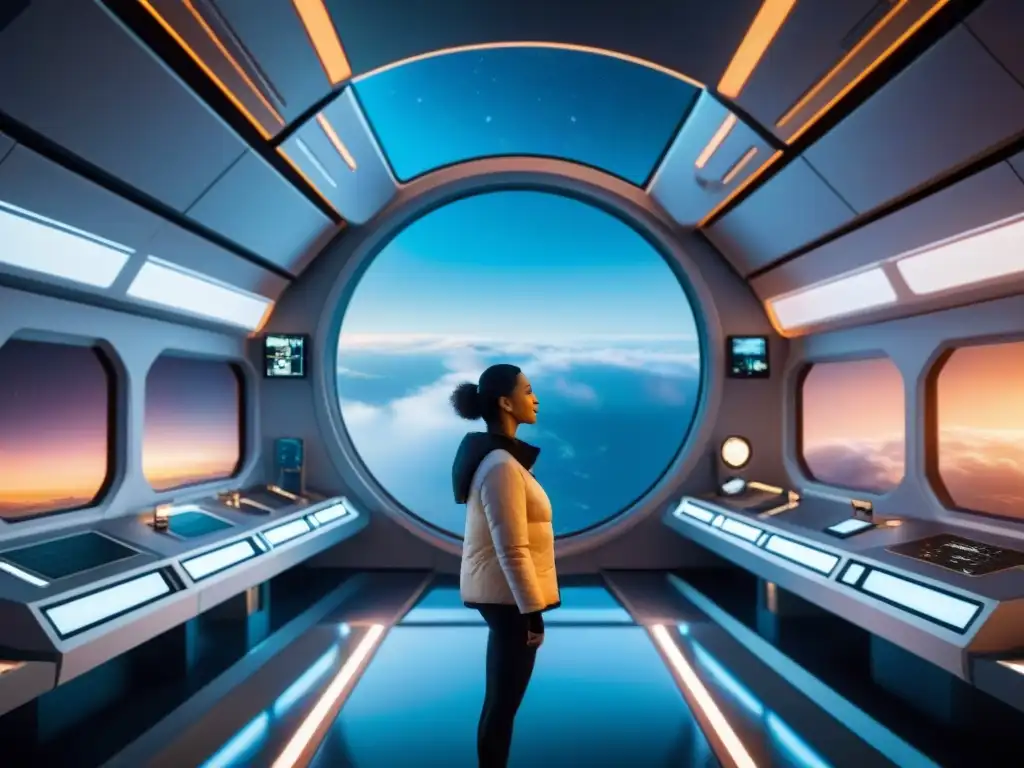 Una estación espacial futurista con arquitectura metálica y tecnología avanzada, habitada por individuos genéticamente mejorados participando en experimentos científicos y actividades culturales