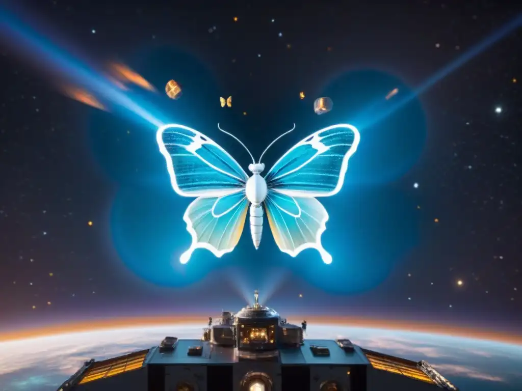 Una estación espacial futurista en el cosmos, científicos, mariposa y galaxias, capturan las Consecuencias del Efecto Mariposa