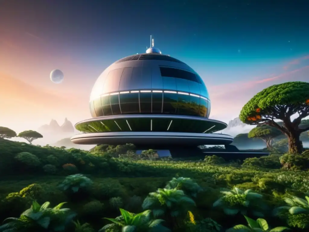 Una estación espacial futurista orbita un exoplaneta verde exuberante, fusionando tecnología avanzada y conciencia ambiental