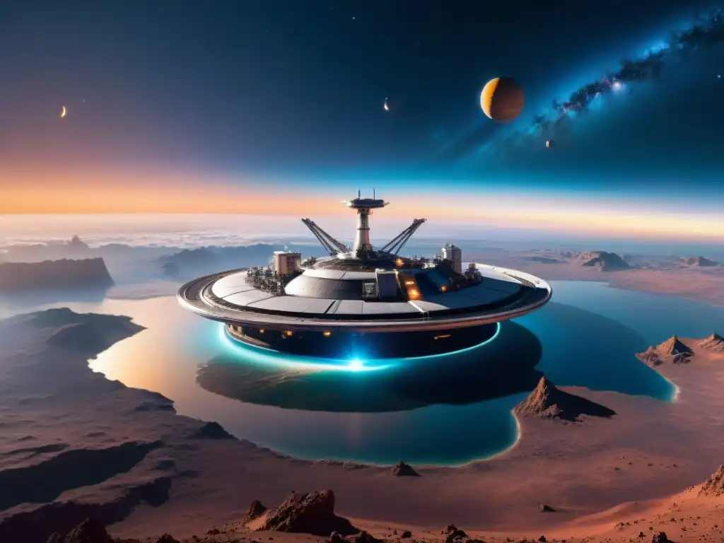 Una estación espacial futurista orbita un exoplaneta, con naves avanzadas y paisaje alienígena