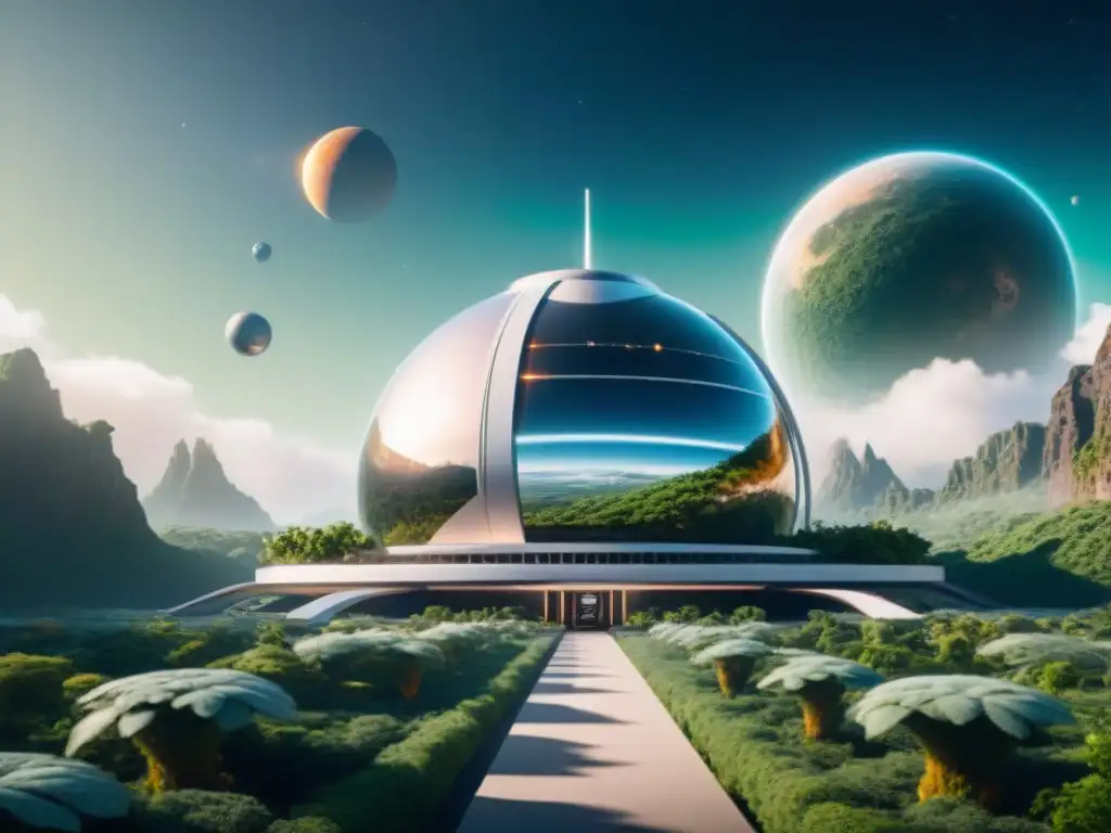 Una estación espacial futurista orbita un exoplaneta, fusionando tecnología y naturaleza