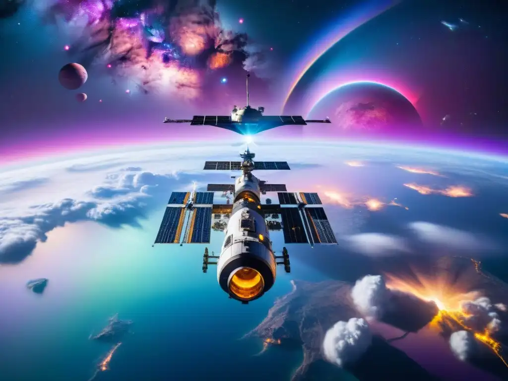 Una estación espacial futurista orbita una nebulosa multicolor en el espacio profundo