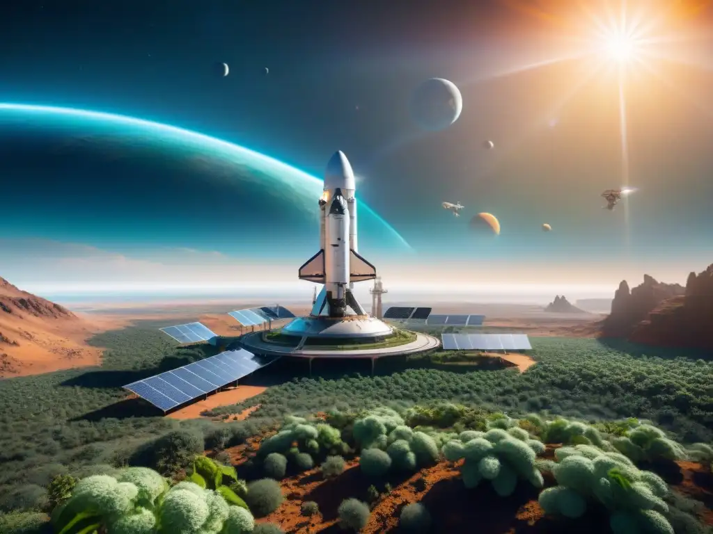 Una estación espacial futurista en órbita de un planeta verde, donde se promueve la conciencia ambiental y la exploración espacial