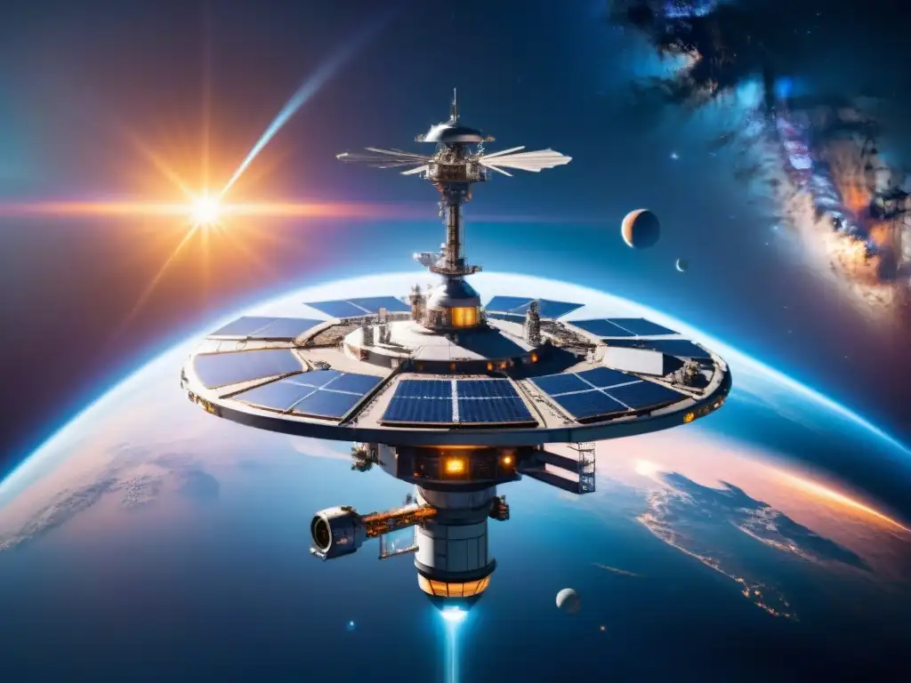 Estación espacial futurista en órbita planetaria Una estación espacial futurista en órbita de un planeta distante, con paneles solares relucientes y puertos de atraque listos para naves