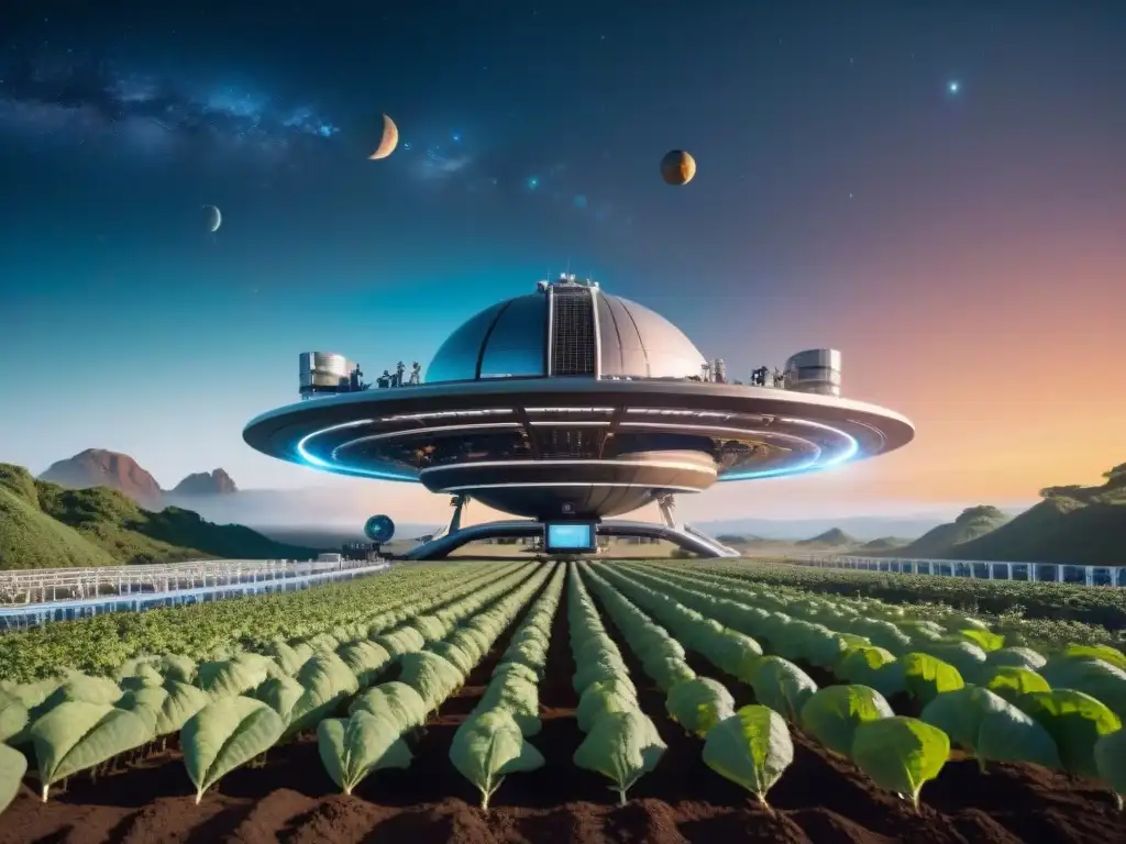 Una estación espacial futurista en órbita de un planeta distante, astronautas realizan experimentos y cuidan de un jardín en el espacio