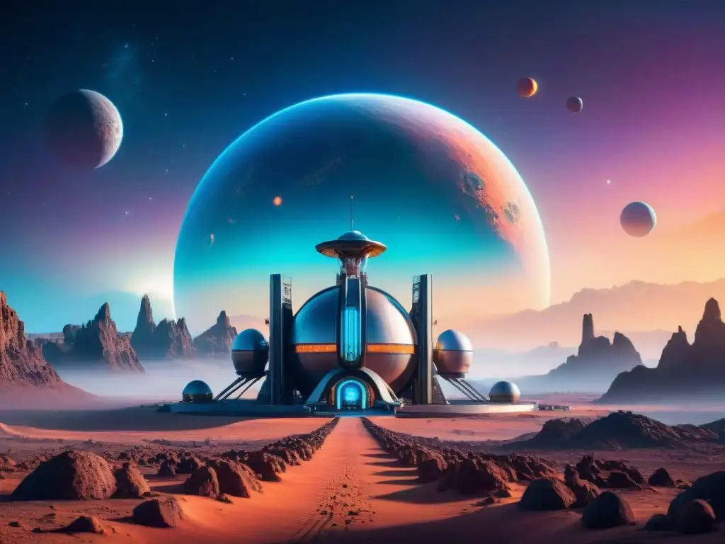 Estación espacial futurista en órbita de planeta alienígena Una estación espacial futurista orbita un planeta alienígena, mostrando tecnologías avanzadas y paisajes exóticos