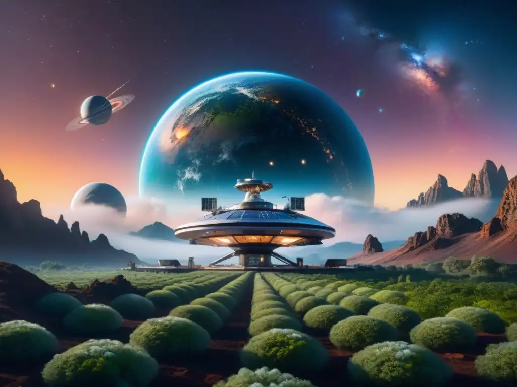Estación espacial futurista orbitando planeta remoto Una estación espacial futurista orbita un planeta distante, con tecnologías avanzadas y paisajes verdes, en un escenario de ciencia ficción