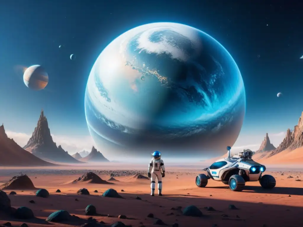 Estación espacial futurista en órbita de un gigante azul Una estación espacial futurista orbita un planeta gigante azul, con estructuras metálicas y naves