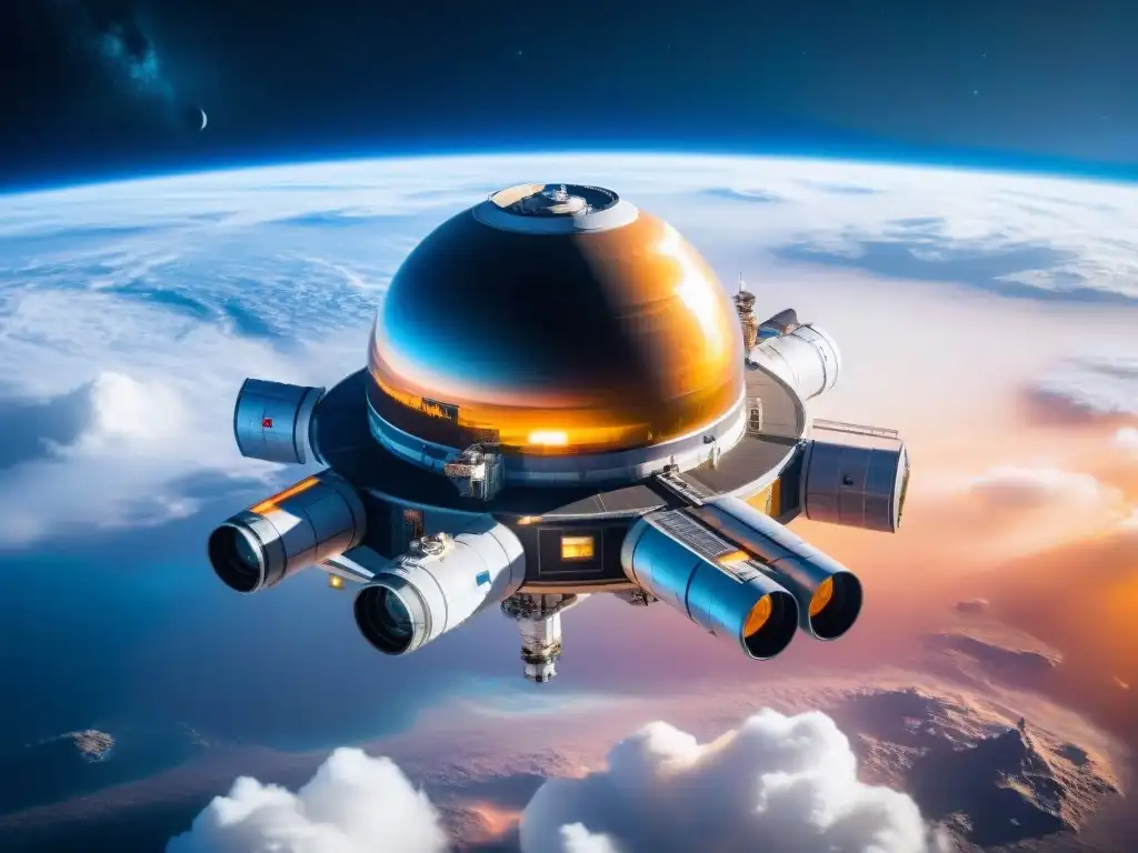 Estación espacial futurista en órbita: tecnología avanzada y vida sostenible en un planeta distante Una estación espacial futurista orbitando un planeta lejano, con tecnologías avanzadas y astronautas en gravedad cero
