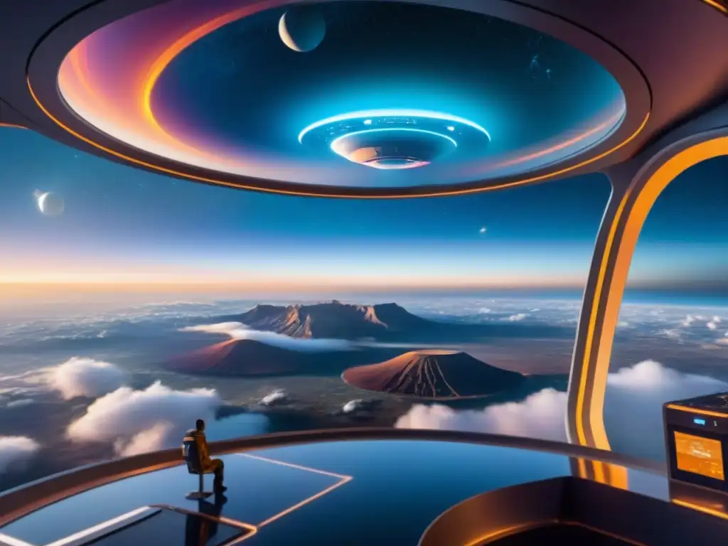 Exploración espacial futurista: estación orbital en planeta distante Una estación espacial futurista orbita un planeta distante, mostrando tecnologías futuristas, astronautas y robots realizando experimentos científicos