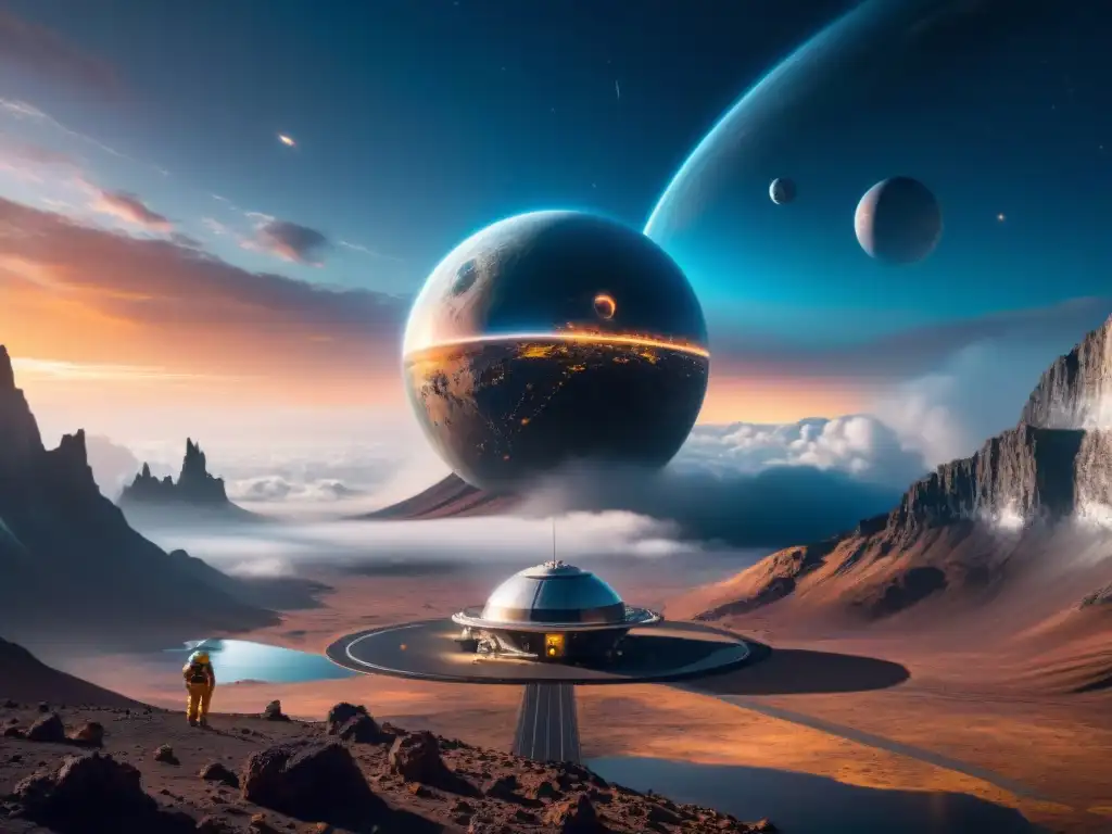 Estación espacial futurista: explorando nuevos horizontes Una estación espacial futurista orbita un planeta distante, reflejando la luz de una estrella cercana