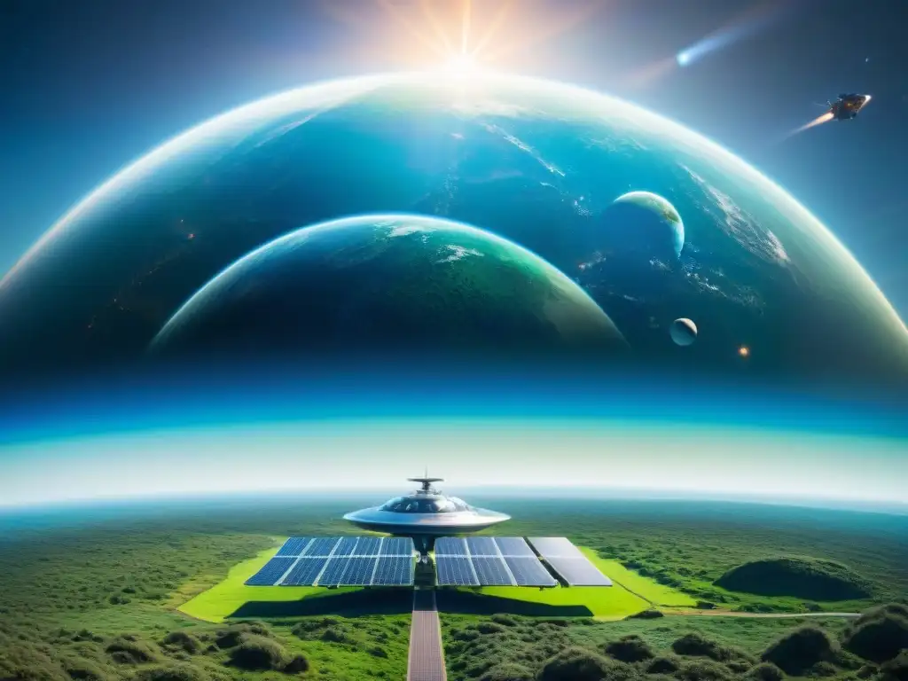 Estación espacial futurista en órbita de planeta vibrante: exploración sostenible Una estación espacial futurista orbita un planeta azul y verde mientras naves parten y llegan en misiones de exploración
