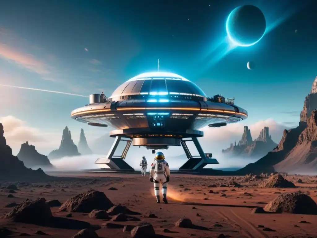 Estación espacial futurista en órbita: astronautas, naves y ruinas alienígenas Una estación espacial futurista orbita un planeta distante, con naves avanzadas y astronautas en trajes de alta tecnología