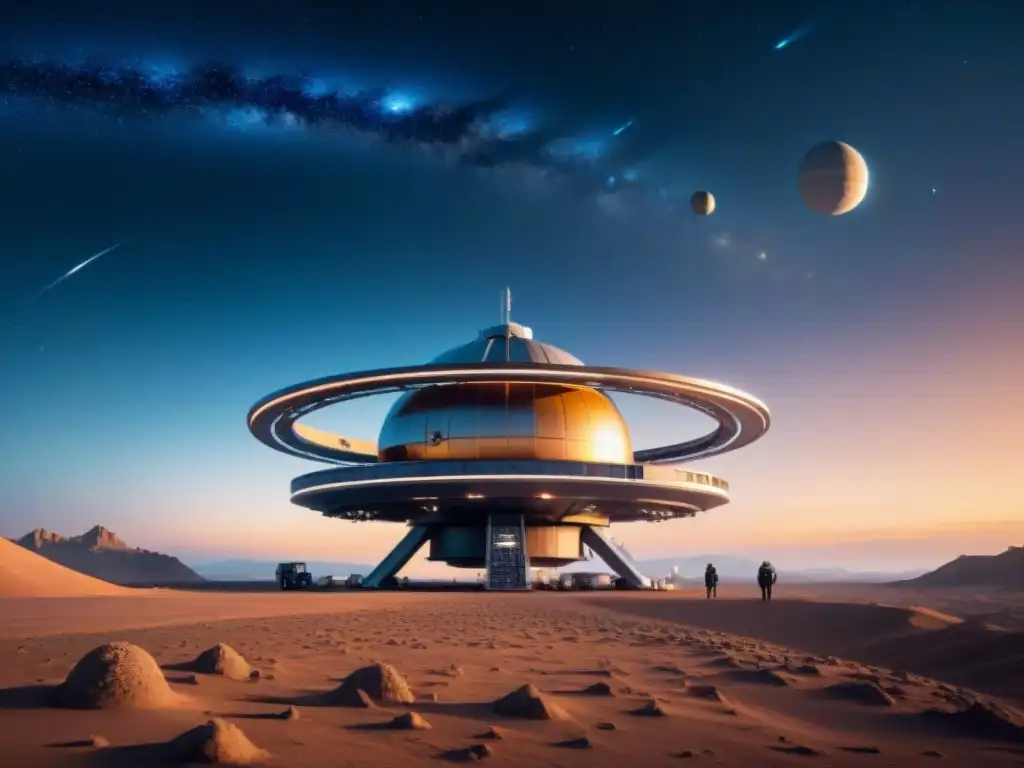 Una estación espacial futurista orbitando un planeta distante, mostrando colonias y tecnología avanzada