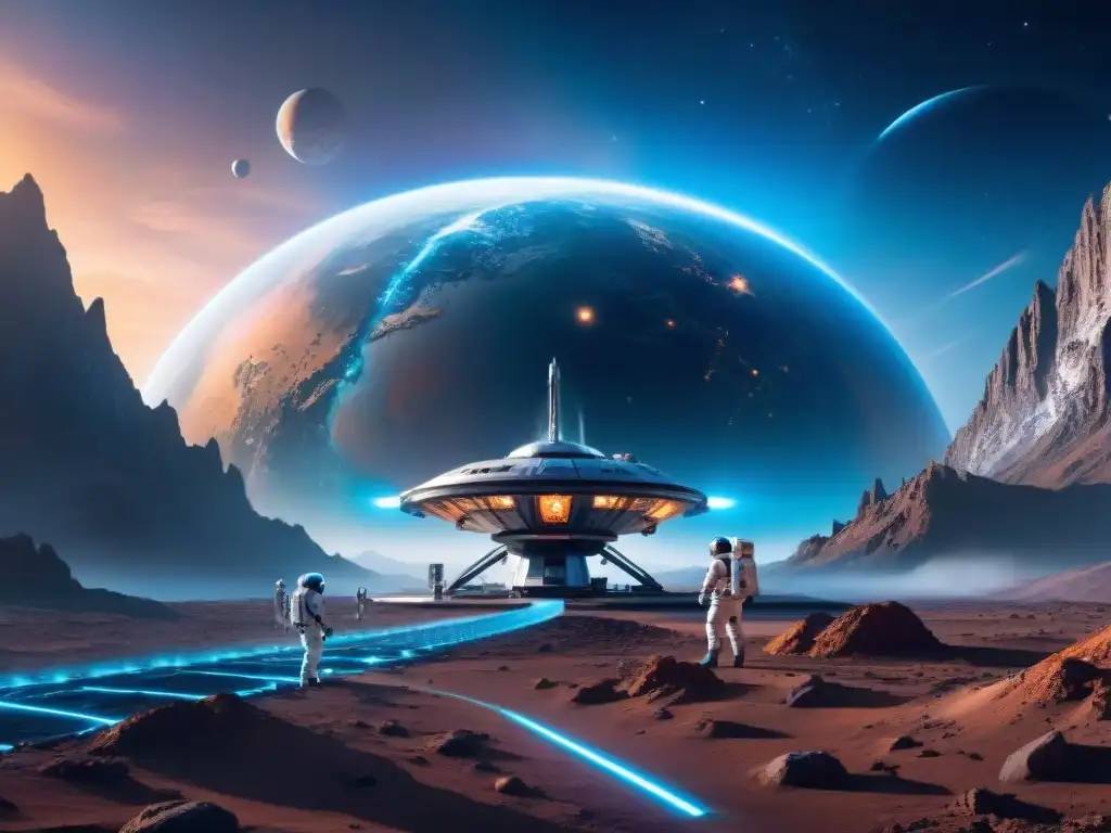 Una estación espacial futurista orbita un planeta distante, con astronautas en trajes avanzados realizando reparaciones