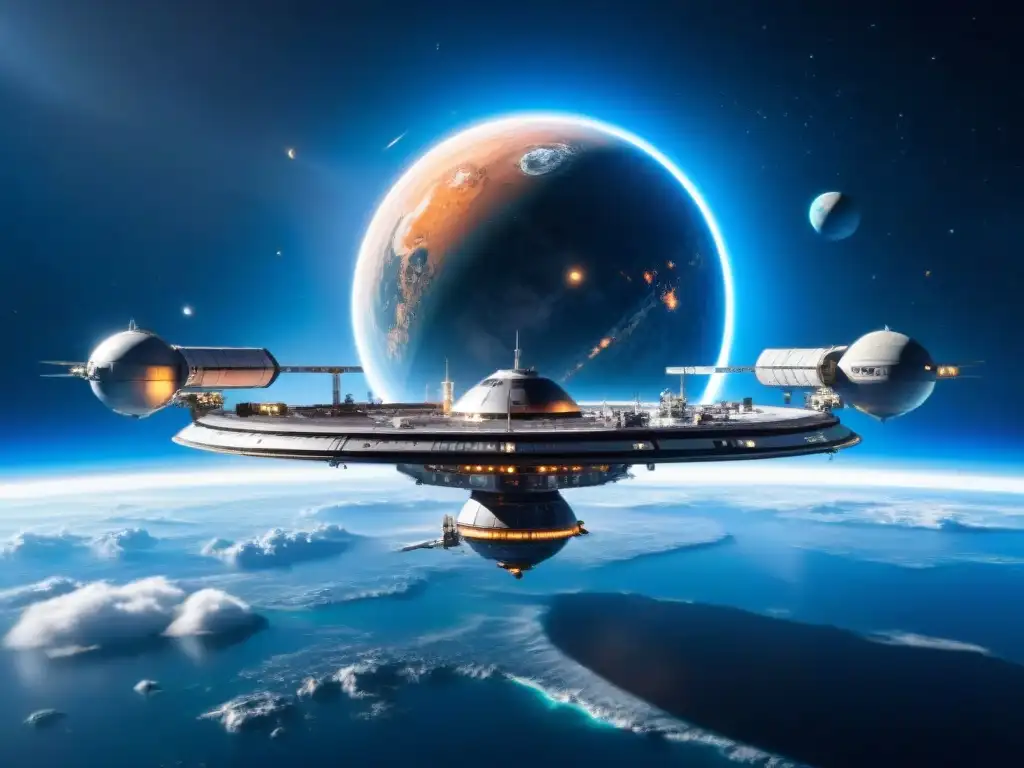 Estación espacial futurista orbitando planeta distante Una estación espacial futurista orbitando un planeta distante, con naves avanzadas partiendo hacia la exploración espacial