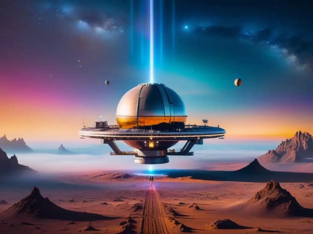 Una estación espacial futurista orbita un planeta distante, con luces brillantes y naves espaciales, rodeada de una nebulosa colorida y estrellas centelleantes, mostrando diversidad y colaboración en la ciencia ficción como herramienta de escape