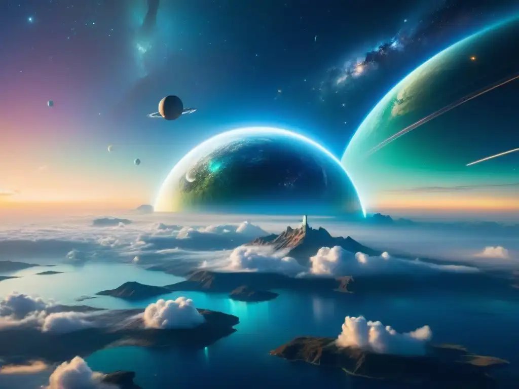 Estación espacial futurista orbitando planeta distante Una estación espacial futurista orbitando un planeta lejano, con luces brillantes y arquitectura metálica