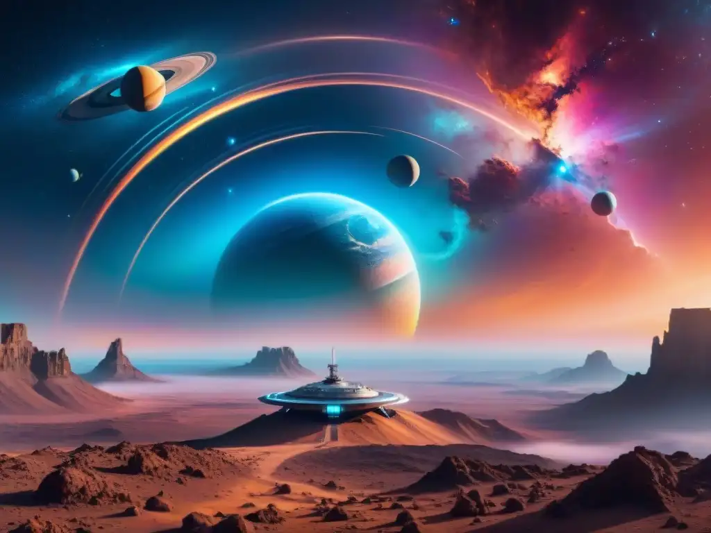 Una estación espacial futurista orbitando un planeta distante, con naves avanzadas y campos de energía, en una nebulosa cósmica vibrante