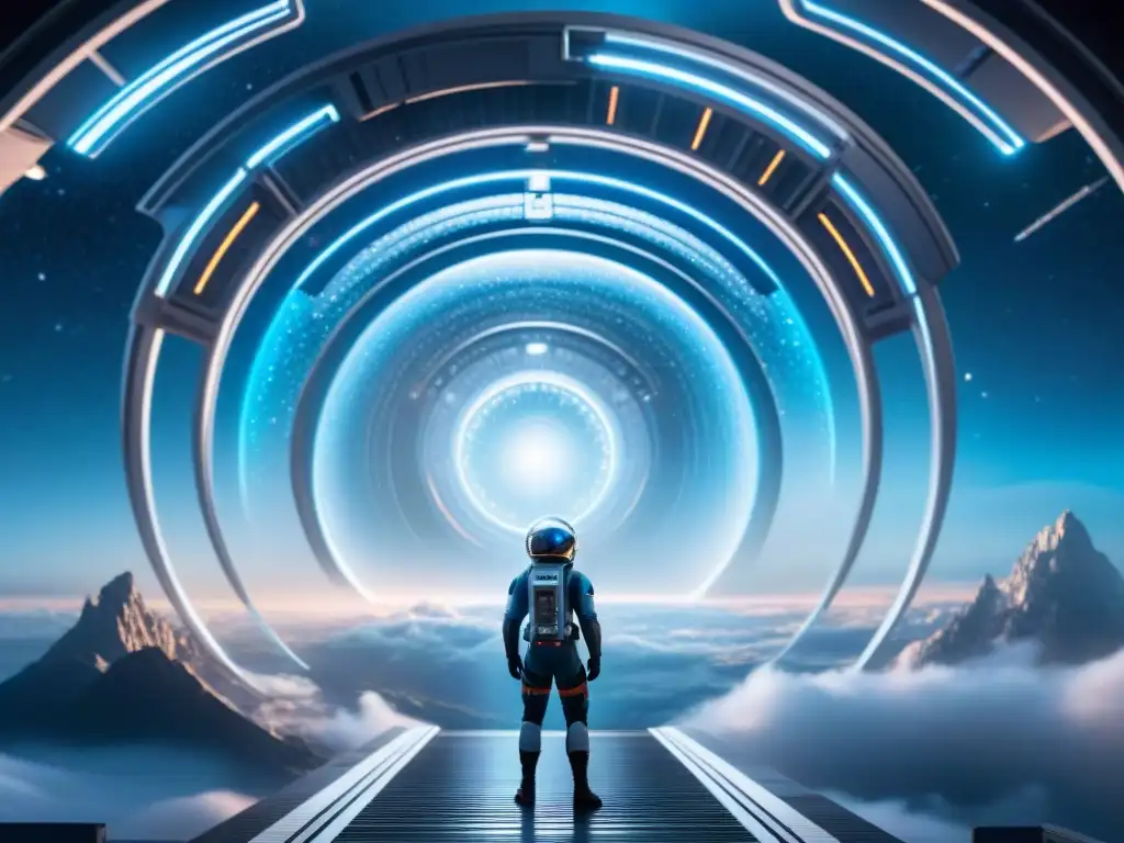 Una estación espacial futurista rodeada de galaxias, con un portal brillante emitiendo luz azul